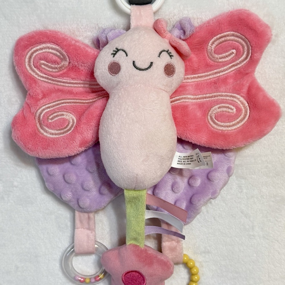 Dreamgro Pink Purple Butterfly Activity Stroller Toy Lovey Plush Rattle Crinkle